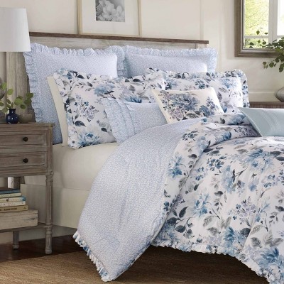 Chloe Blue Floral Cotton Full/Queen Ruffled Duvet Cover Set