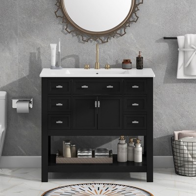 FAMYYT 36 in. Single Sink Freestanding Black Bath Vanity with White Ceramic Top, Open Shelf, 6 Drawers