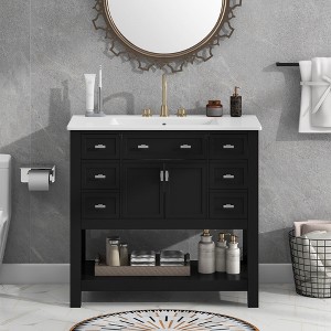 FAMYYT 36 in. Single Sink Freestanding Black Bath Vanity with White Ceramic Top, Open Shelf, 6 Drawers - 1 of 4