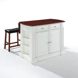Coventry Drop Leaf Top Kitchen Island with Upholstered Saddle Stools White - Crosley