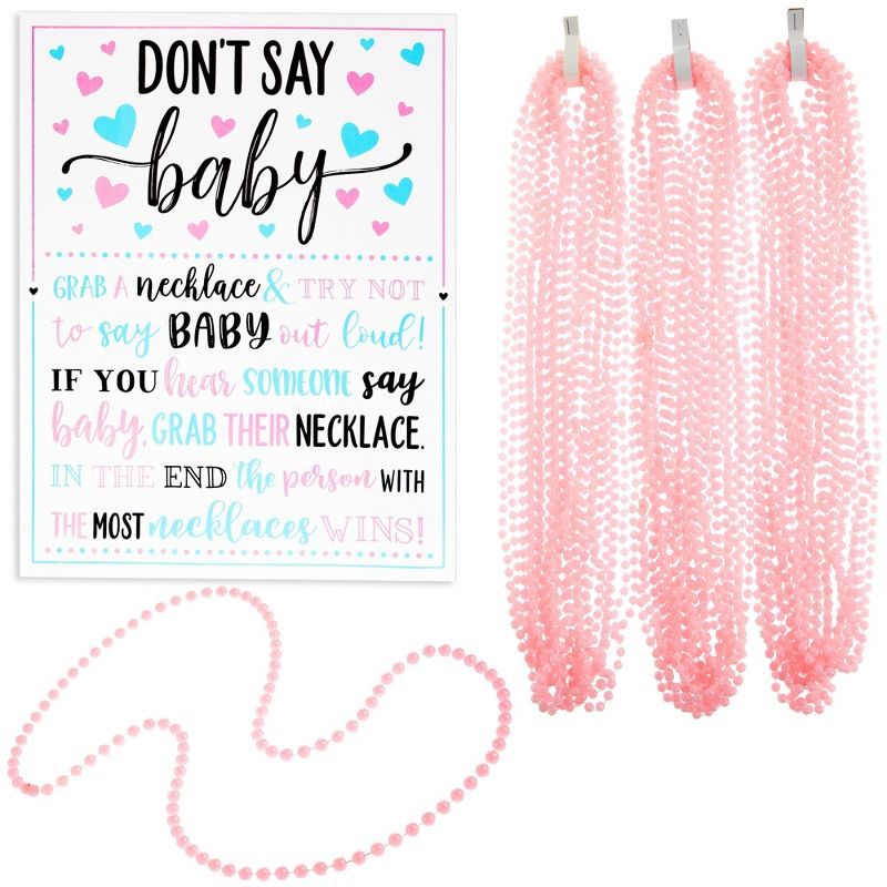 Sparkle and Bash Don't Say Baby Easel Sign, Baby Shower Games for Gender Reveal Favors, Decorations, 1 Sign and 36 Pink Beaded Necklaces, 1 of 9