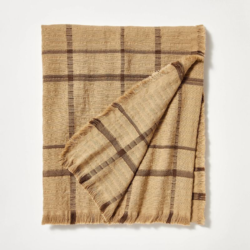 Plaid Gauze Throw Blanket with Frayed Edges Brown - Threshold&#8482; designed with Studio McGee, 1 of 5