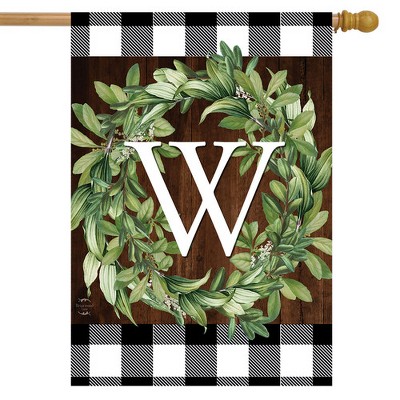 Wreath Monogram W Double-Sided Outdoor Flag with Greenery Design
