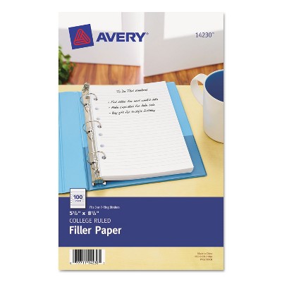 Avery Mini Binder Filler Paper 5-1/2 x 8 1/2 7-Hole Punch College Rule 100/Pack 14230