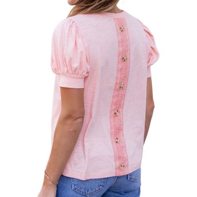 Amaryllis Women's Heather Knit Top Puff Sleeves Back Button Detail Casual Elegant Versatile Comfortable Essential
