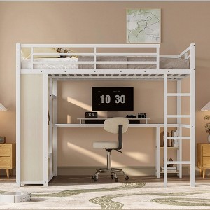 ORRD Queen Size Loft Bed Frame with Built-in Wardrobe, Metal Loft Bed with Desk and Storage Shelves, White Wood-grain - 1 of 4
