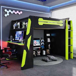 Full Size Wood Loft Bed with Desk, Multi-Storage Shelves, and RGB Light, Perfect Esports Gaming & Work Loft Bed, Green - ModernLuxe - 1 of 4