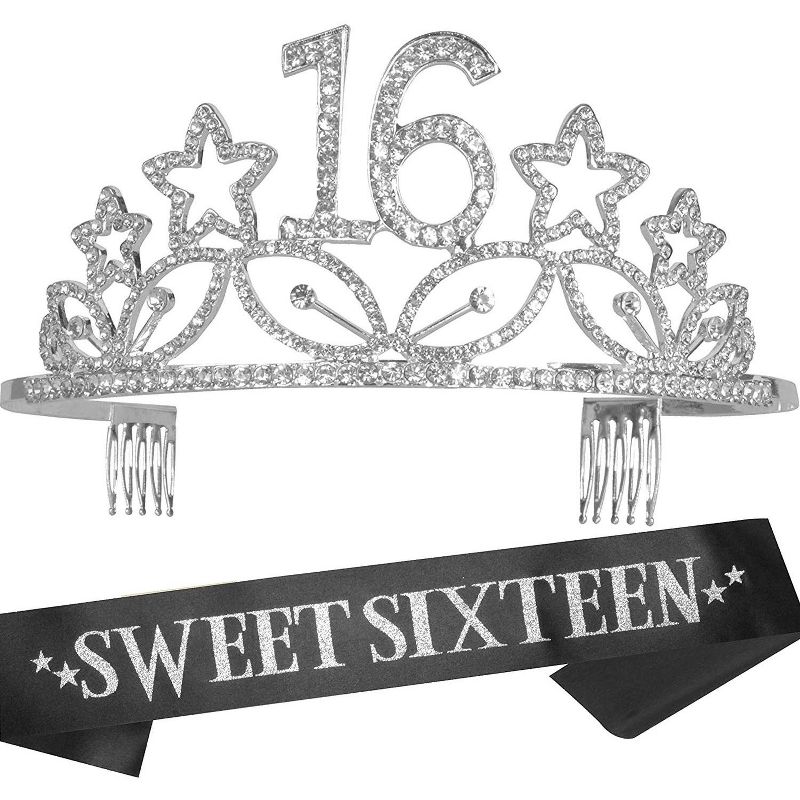 MEANT2TOBE 16th Birthday Sash and Tiara for Girls, Stars Rhinestone, Silver, 1 of 4