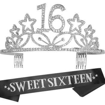 MEANT2TOBE 16th Birthday Sash and Tiara for Girls, Stars Rhinestone, Silver
