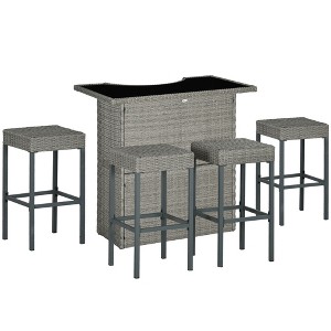 Outsunny 5 Pcs Rattan Wicker Bar Set, High Top Outdoor Table and Chairs with Glass Top, Storage Shelf, and 4 Bar Stools for Poolside - 1 of 4