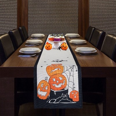 Halloween Table Runner, Cotton Line Tablecloth Orange Halloween Pumpkin Table Decoration Kitchen Dining Table Decor for Home Living Room 34cm x 180cm