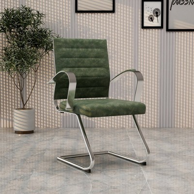 Green Leather Office Chair with Fixed Arms and Metal Frame