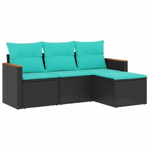 vidaXL - Outdoor Patio Sofa Set with Cushions - 4 Piece Black Poly Rattan Furniture - Modular Design with Storage - Blue Cushions - 1 of 4