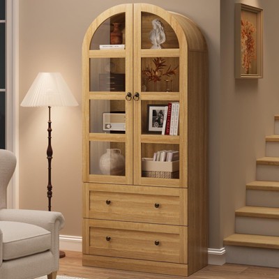 Coolmee 71 Inch Tall Arched Bookcase Cabinet, Wood Bookshelf with Doors & Drawers, Large Display Cabinet with Storage for Office Living Room