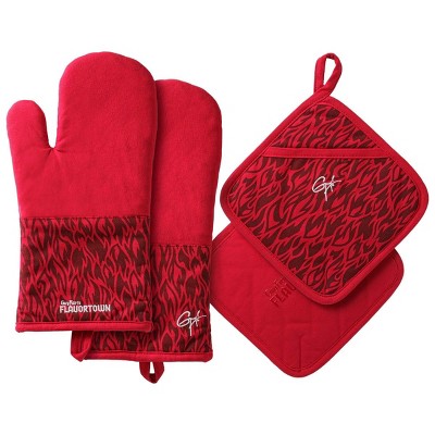 4-Piece Kitchen Set: 2 Flame Oven Mitts and 2 Flame Potholders (with Gray)