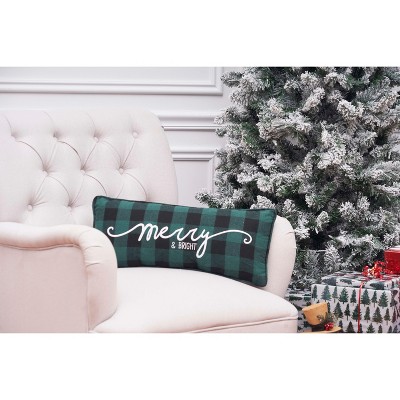 Green and Black Merry Embroidered Rectangular Throw Pillow