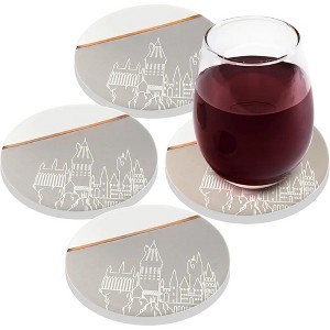 Underground Toys Harry Potter Hogwarts Coaster 4 Set - Ceramic Coasters w Gold & Gray Hogwarts Castle Design - Great Decor Gift - 4" Each - 1 of 4