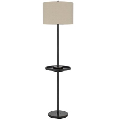 Cal Lighting Crofton metal floor lamp with metal tray table and 2 USB charging ports and a weight base.