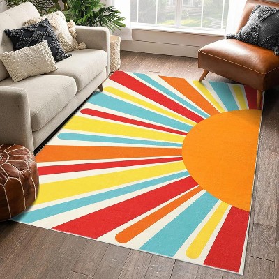Colorful Machine Washable Area Rug, Non-Slip Indoor Carpet for Living Room, Bedroom, Modern Minimalist Front Door Mat with Sun Accent Design.