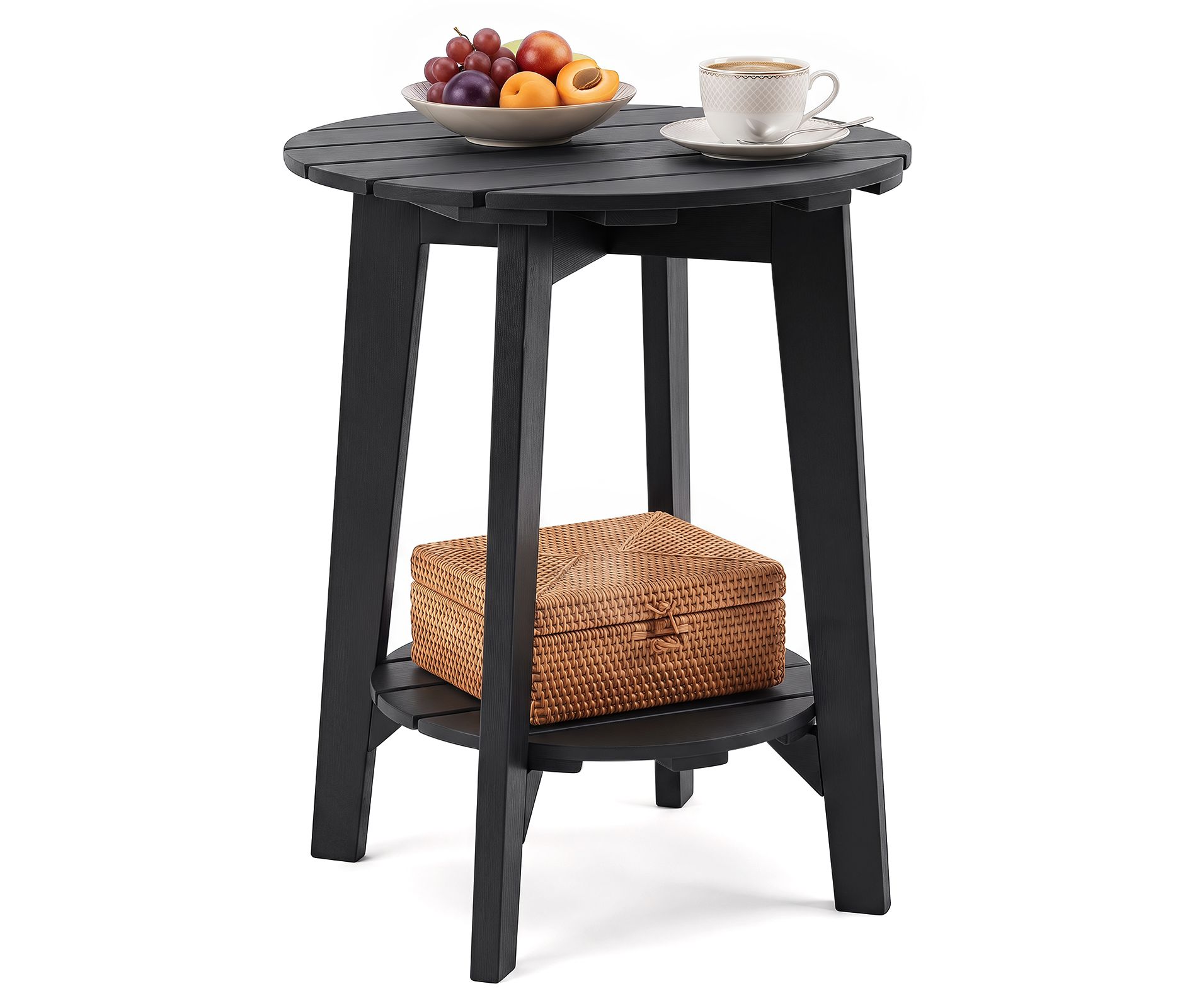 Costway 1 PCS Outdoor Eucalyptus Wood Side Table, 2-Tier Patio End Table with Slatted Tabletop Black