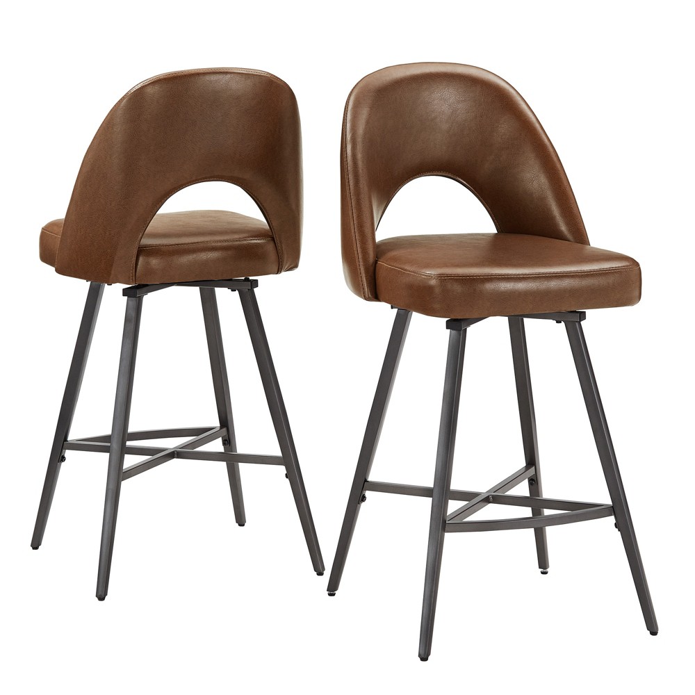 Photos - Storage Combination 24" Set of 2 Ragan Metal Swivel Counter Height Barstools Brown Leather - I