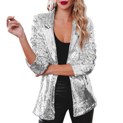 Women's Sequin Jacket Glitter Sparkle Open Front Casual Long Sleeve Blazer Coat Party Casual Cardigan,S,Silver
