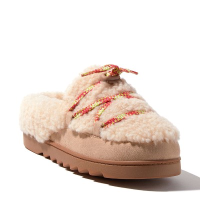 Dearfoams Women's Giselle Lace Up Teddy Clog Slipper - Creme Brulee ...