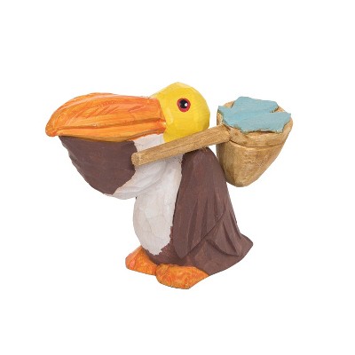 Beachcombers 1.8" Wood Pelican With Fish Net Figure Coastal Beach House Decor Decoration