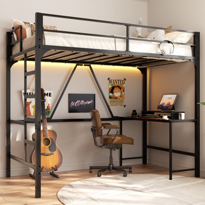 Aheaplus 78'' Metal Loft Bed with Desk, Ladder, Led Light and Power Outlets