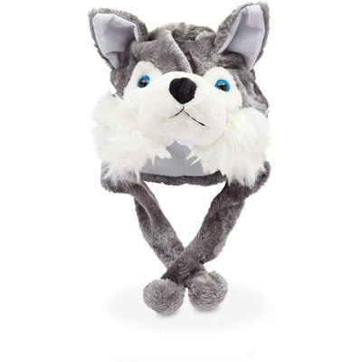 Blue Panda Plush Animal Wolf Hat with Fleece Lining for Kids (Grey, One Size)