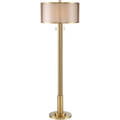 Possini Euro Design Modern Floor Lamp Antique Brass Sheer Organza Outer Linen Inner Drum Shade Metal Trim for Living Room Reading