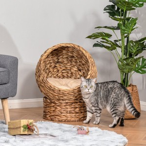LAOTIES 27'' Rattan Wicker Elevated Cat House,Modern Indoor Pet Bed with Rotating Basket,Scratch Surface and Soft Cushion - 1 of 4