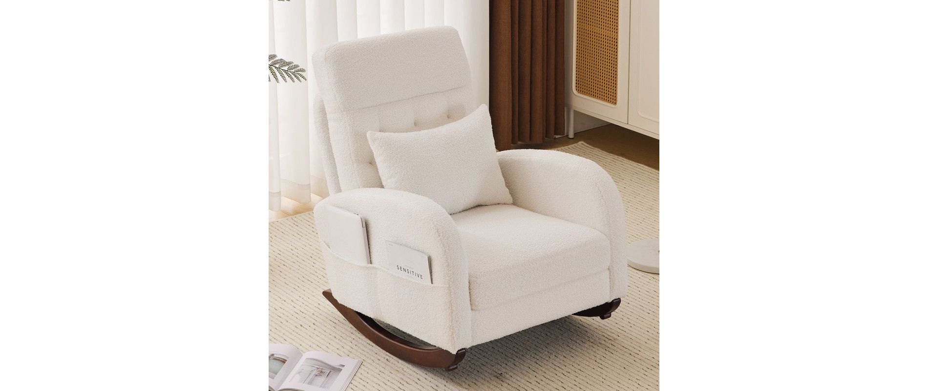 Karl Home Teddy Boucle Nursery Rocking Chair Modern Comfy Upholstered Rocker Armchair with Side Pocket for Living Room Bedroom Beige