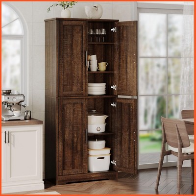 Homhougo 70in Tall Kitchen Pantry Cabinet, Freestanding Storage Cabinet with 4 Doors and Adjustable Shelves, Large Utility Hutch Cupboard Brown