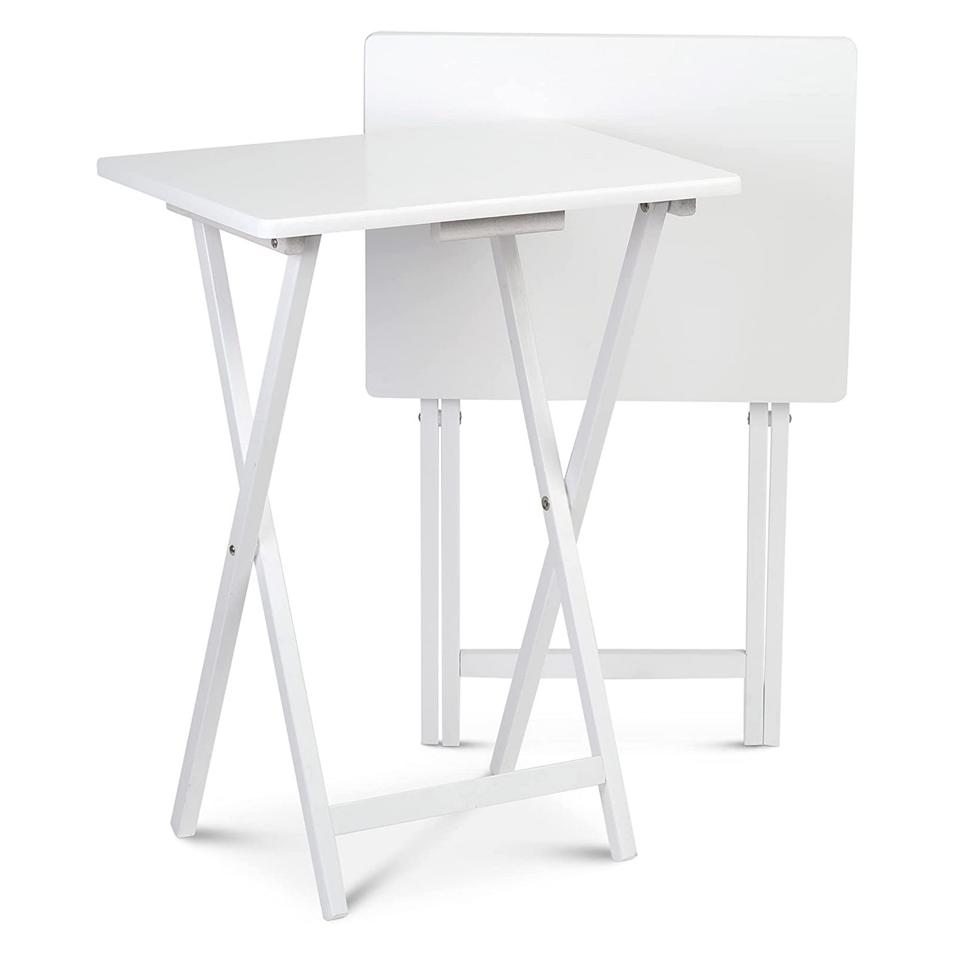 PJ Wood Multifunctional Rectangular Folding Solid Wood TV Tray Portable Living Room Snack Table Home Furniture Piece, Set of 2, White