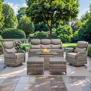 Gymojoy 7 Pieces Outdoor Patio Wicker Sofa Swivel Chair Ottoman with 6 Inch Cushions and Fire Pit Table - 1 of 4