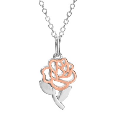 Disney Beauty and the Beast Sterling Silver Two Tone Belle's Rose Pendant Necklace, 18''