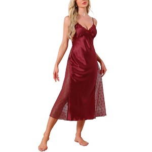 INSPIRE CHIC  Lingerie Satin Silky Lace Sleeveless V Neck Cami Spaghetti Strap Midi Chemise Nightgown - 1 of 4
