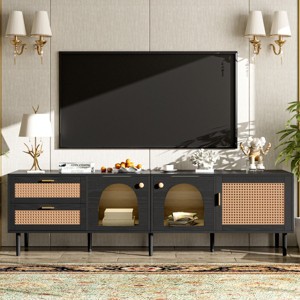 Modern Rattan TV Stand with Arched Doors and LED Light for 80 Inch TV,Media Console with Storage Cabinets for Living Room-Baofuwish - 1 of 4