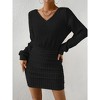 Womens V Neck Dress Ribbed Knit Long Sleeve High Waist Bodycon Mini Dress - 3 of 4