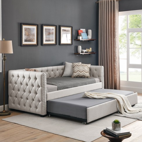 Full Size Upholstered Button Tufted Sofa Bed With Drawers And Waved Shape  Arms, Gray - Modernluxe : Target