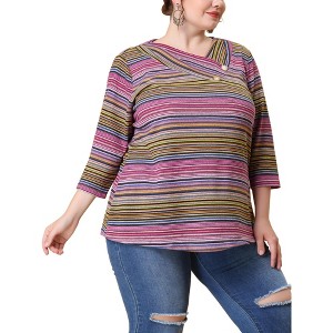 Agnes Orinda Women's Plus Size Comfy Knit 3/4 Sleeve V Neck Stripe Boho Casual Blouse - 1 of 4