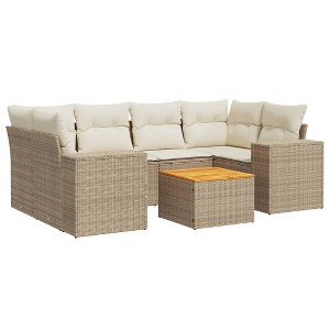 vidaXL Patio Sofa Set with Cushions Outdoor Furniture 7 Piece Poly Rattan - Beige and Cream - 1 of 4