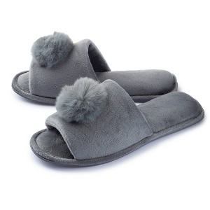 Roxoni Women’s Lovely Velvet Pom-pom Open Toe House Slides - 1 of 4