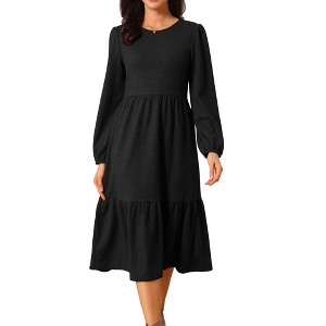 INSPIRE CHIC Women's Fall Long Sleeve Round Neck Tiered Casual Knit A-Line Midi Dress with Pockets - 1 of 4
