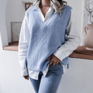 Women's Sweater Vest V Neck Relaxed Fit Knit Vest Sleeveless Casual Sweater Waistcoat - 1 of 4