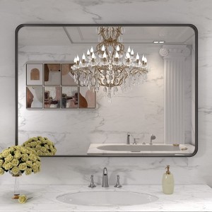 Vynxaria 40x32" Black Aluminum Frame Bathroom Mirror - Clear Reflection & Easy Installation - 1 of 4