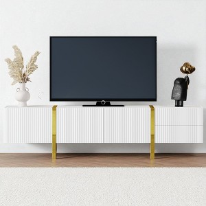 Luxury Fluted TV Stand for TVs Up to 80, Modern Entertainment Center with Cabinets Drawers and Golden Wood Grain Legs - 1 of 4