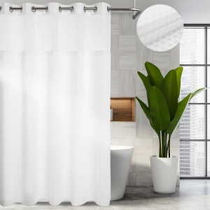 No Hook Needed Cotton Blend Waffle Weave Shower Curtain with Snap-In Liner, Top Sheer Window - 1 of 4