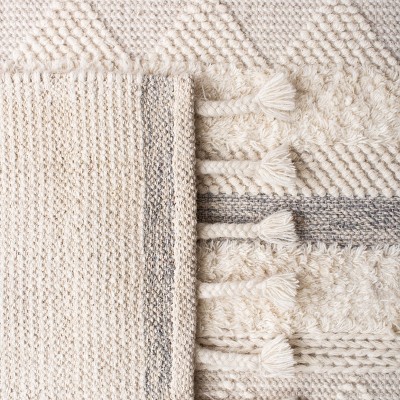 Ivory Hand-Knotted Wool Stripe Rectangular Rug 59"